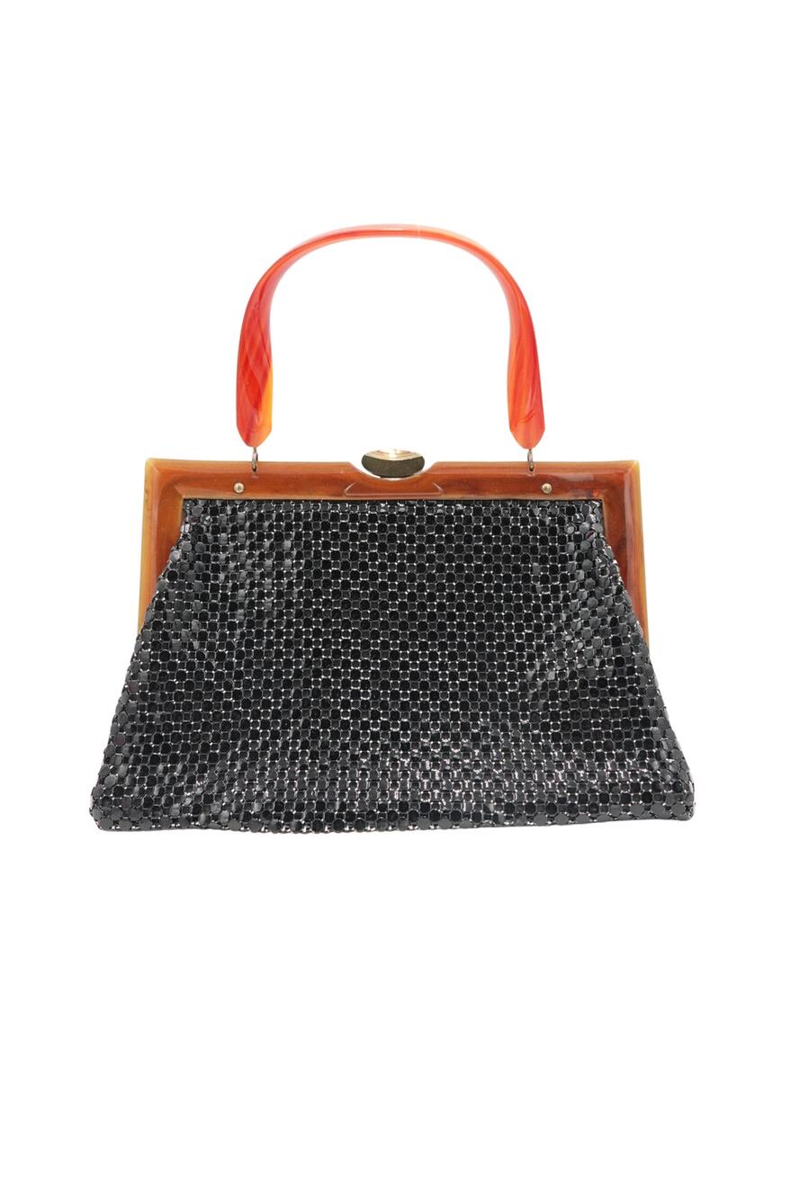 Whiting & Davis Black Mesh Evening Bag with Orange Bakelite Handle